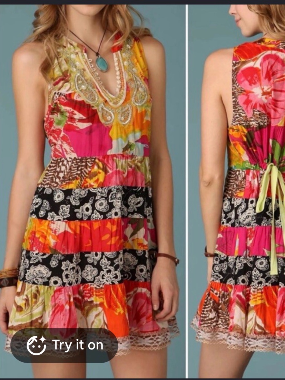 Free People Bright Patchwork Floral Sleeveless Dress - Pink/Orange
